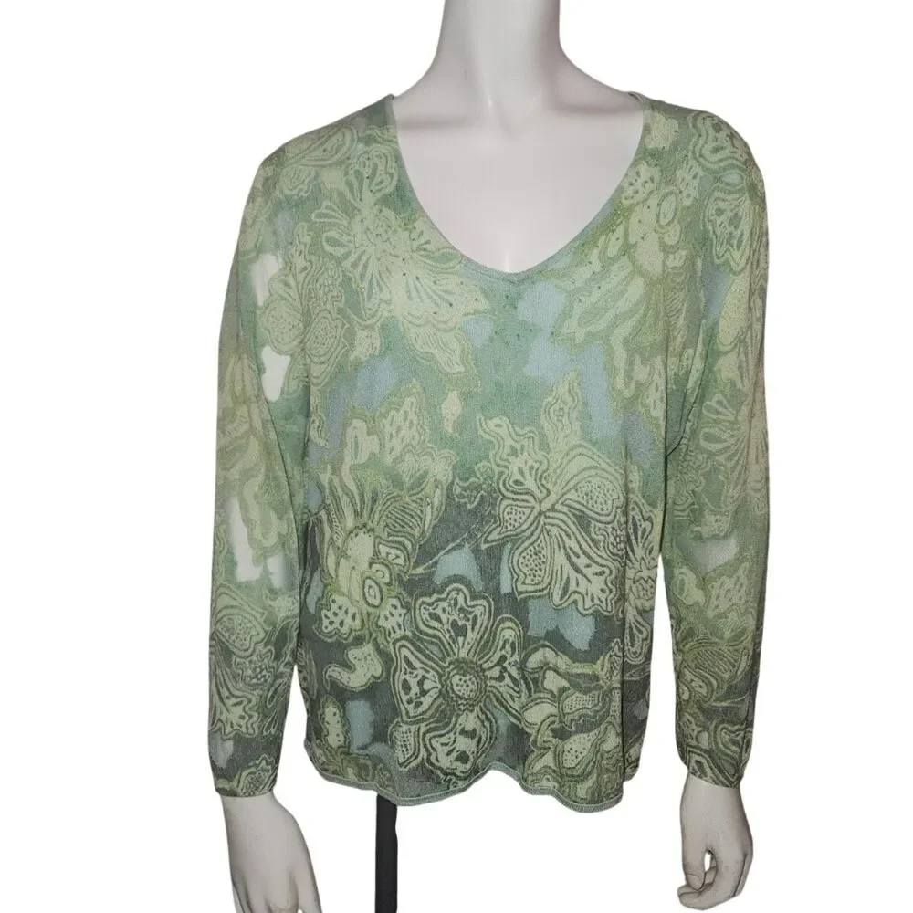 SIGRID OLSEN Long Sleeve Paisley V Neck Blouse Womens Size Large